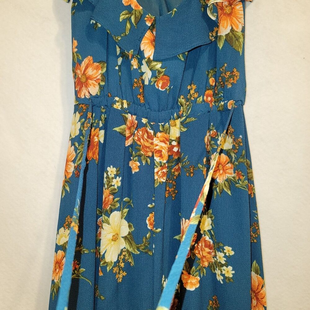by & by Women's Floral Cold-Shoulder High-Low Teal Maxi Dress Size M Boho Ruffle - Picture 5 of 9